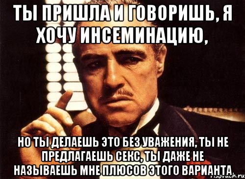 ты пришла и говоришь, я хочу инсеминацию, но ты делаешь это без уважения, ты не предлагаешь секс, ты даже не называешь мне плюсов этого варианта, Мем крестный отец