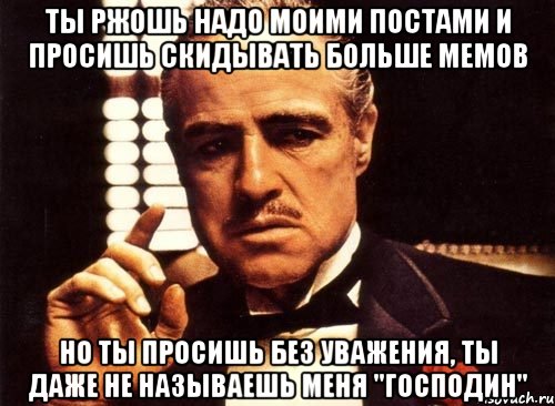 ты ржошь надо моими постами и просишь скидывать больше мемов но ты просишь без уважения, ты даже не называешь меня "господин", Мем крестный отец