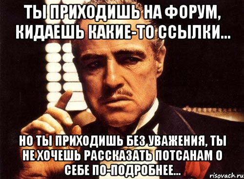 ты приходишь на форум, кидаешь какие-то ссылки... но ты приходишь без уважения, ты не хочешь рассказать потсанам о себе по-подробнее..., Мем крестный отец