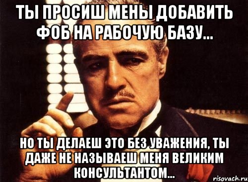 ты просиш мены добавить фоб на рабочую базу... но ты делаеш это без уважения, ты даже не называеш меня великим консультантом..., Мем крестный отец