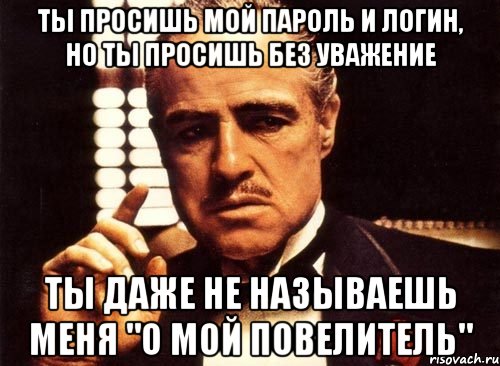 ты просишь мой пароль и логин, но ты просишь без уважение ты даже не называешь меня "о мой повелитель", Мем крестный отец