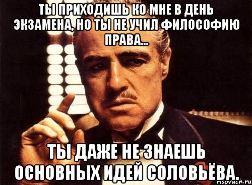 ты приходишь ко мне в день экзамена, но ты не учил философию права... ты даже не знаешь основных идей соловьёва., Мем крестный отец