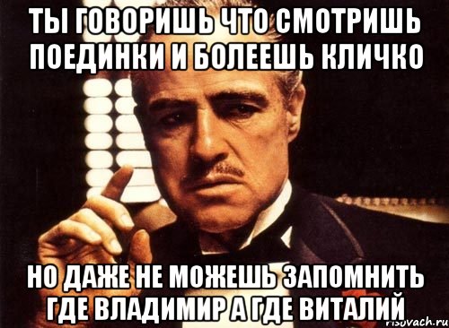 ты говоришь что смотришь поединки и болеешь кличко но даже не можешь запомнить где владимир а где виталий, Мем крестный отец