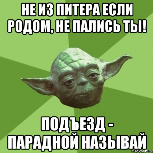 не из питера если родом, не пались ты! подъезд - парадной называй, Мем Мастер Йода