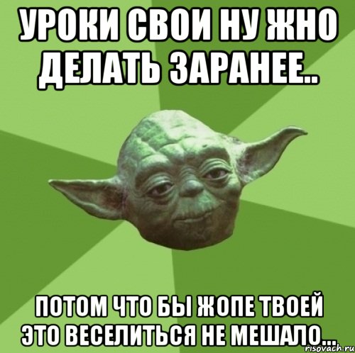 уроки свои ну жно делать заранее.. потом что бы жопе твоей это веселиться не мешало..., Мем Мастер Йода