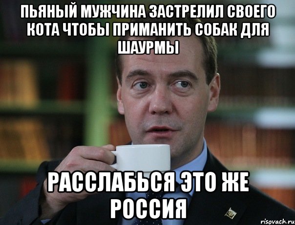 пьяный мужчина застрелил своего кота чтобы приманить собак для шаурмы расслабься это же россия, Мем Медведев спок бро