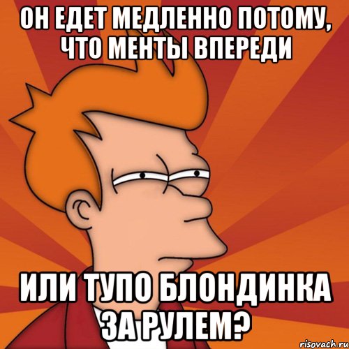 он едет медленно потому, что менты впереди или тупо блондинка за рулем?, Мем Мне кажется или (Фрай Футурама)