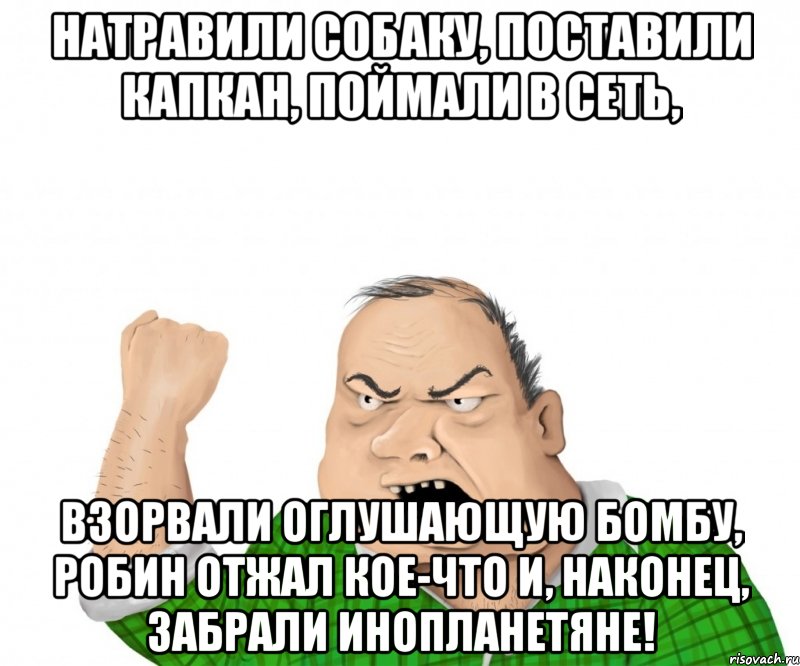 натравили собаку, поставили капкан, поймали в сеть, взорвали оглушающую бомбу, робин отжал кое-что и, наконец, забрали инопланетяне!, Мем мужик