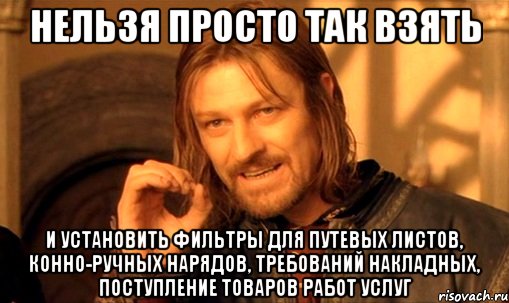 нельзя просто так взять и установить фильтры для путевых листов, конно-ручных нарядов, требований накладных, поступление товаров работ услуг, Мем Нельзя просто так взять и (Боромир мем)