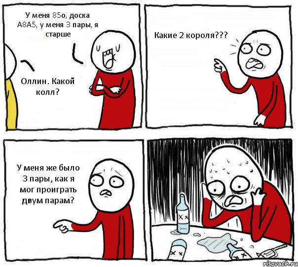 У меня 85о, доска А8А5, у меня 3 пары, я старше Оллин. Какой колл? Какие 2 короля??? У меня же было 3 пары, как я мог проиграть двум парам?, Комикс Но я же