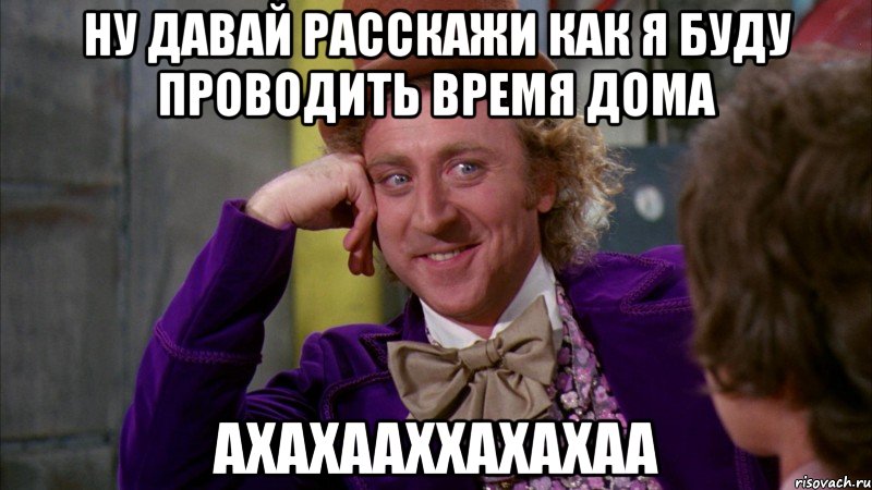 ну давай расскажи как я буду проводить время дома ахахааххахахаа, Мем Ну давай расскажи (Вилли Вонка)