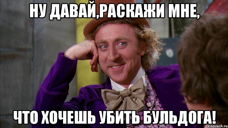 ну давай,раскажи мне, что хочешь убить бульдога!, Мем Ну давай расскажи (Вилли Вонка)