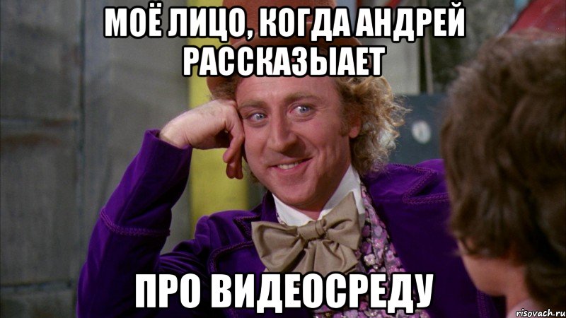 моё лицо, когда андрей рассказыает про видеосреду, Мем Ну давай расскажи (Вилли Вонка)