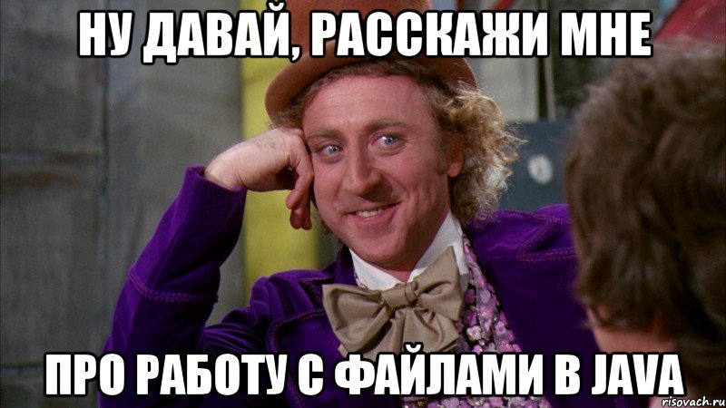 ну давай, расскажи мне про работу с файлами в java, Мем Ну давай расскажи (Вилли Вонка)