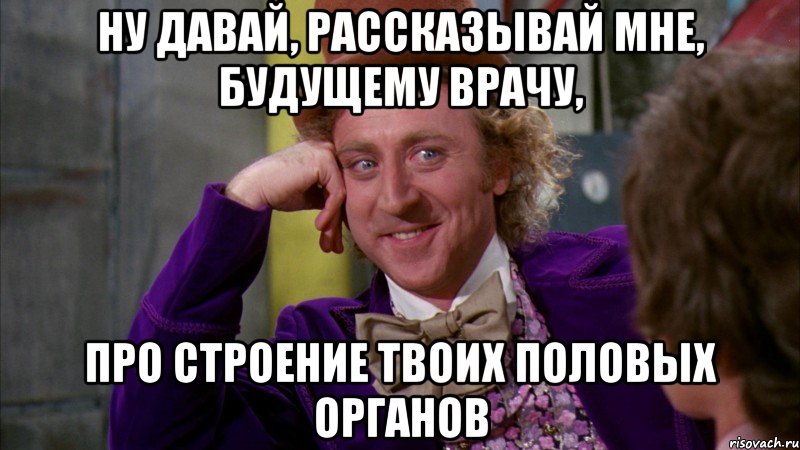 ну давай, рассказывай мне, будущему врачу, про строение твоих половых органов, Мем Ну давай расскажи (Вилли Вонка)