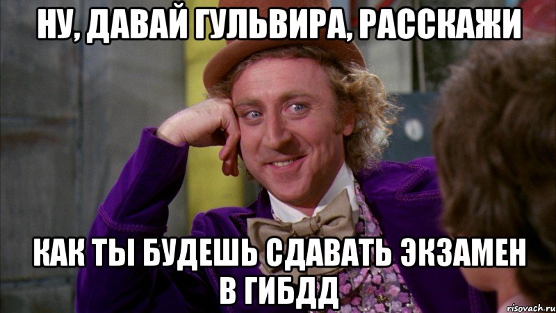 ну, давай гульвира, расскажи как ты будешь сдавать экзамен в гибдд, Мем Ну давай расскажи (Вилли Вонка)
