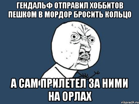 гендальф отправил хоббитов пешком в мордор бросить кольцо а сам прилетел за ними на орлах, Мем Ну почему