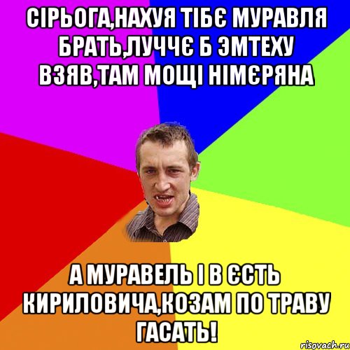 сірьога,нахуя тібє муравля брать,луччє б эмтеху взяв,там мощі німєряна а муравель і в єсть кириловича,козам по траву гасать!, Мем Чоткий паца