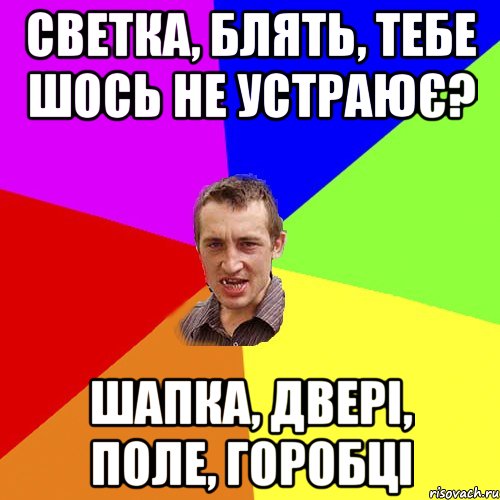 светка, блять, тебе шось не устраює? шапка, двері, поле, горобці, Мем Чоткий паца