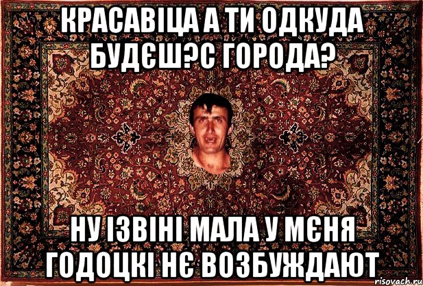 красавіца а ти одкуда будєш?с города? ну ізвіні мала у мєня годоцкі нє возбуждают, Мем Перший парнь на сел