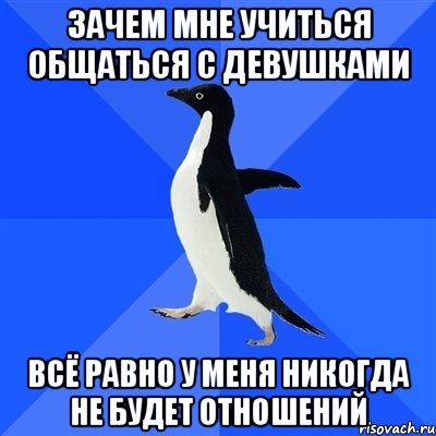 зачем мне учиться общаться с девушками всё равно у меня никогда не будет отношений, Мем  Социально-неуклюжий пингвин