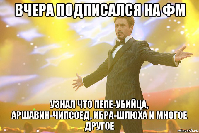 вчера подписался на фм узнал что пепе-убийца, аршавин-чипсоед, ибра-шлюха и многое другое, Мем Тони Старк (Роберт Дауни младший)