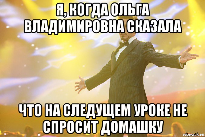 я, когда ольга владимировна сказала что на следущем уроке не спросит домашку, Мем Тони Старк (Роберт Дауни младший)