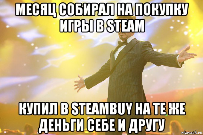 месяц собирал на покупку игры в steam купил в steambuy на те же деньги себе и другу, Мем Тони Старк (Роберт Дауни младший)