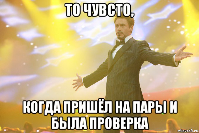 то чувсто, когда пришёл на пары и была проверка, Мем Тони Старк (Роберт Дауни младший)