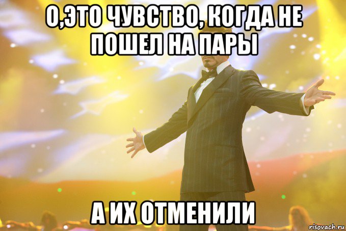 о,это чувство, когда не пошел на пары а их отменили, Мем Тони Старк (Роберт Дауни младший)