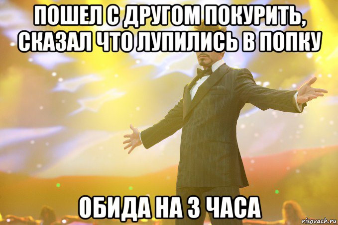 пошел с другом покурить, сказал что лупились в попку обида на 3 часа, Мем Тони Старк (Роберт Дауни младший)