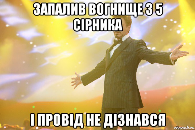 запалив вогнище з 5 сірника і провід не дізнався, Мем Тони Старк (Роберт Дауни младший)