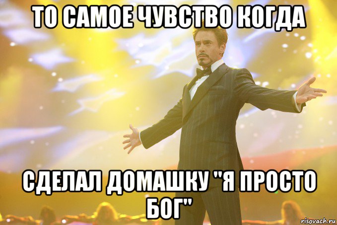 то самое чувство когда сделал домашку "я просто бог", Мем Тони Старк (Роберт Дауни младший)