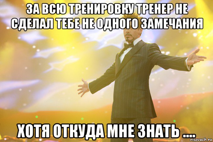 за всю тренировку тренер не сделал тебе не одного замечания хотя откуда мне знать ...., Мем Тони Старк (Роберт Дауни младший)