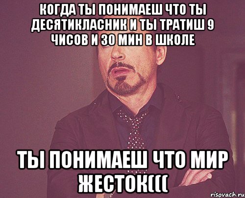 когда ты понимаеш что ты десятикласник и ты тратиш 9 чисов и 30 мин в школе ты понимаеш что мир жесток(((, Мем твое выражение лица