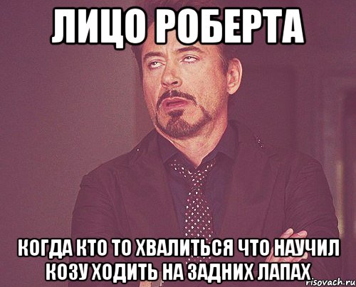 лицо роберта когда кто то хвалиться что научил козу ходить на задних лапах, Мем твое выражение лица