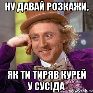 ну давай розкажи, як ти тиряв курей у сусіда, Мем Ну давай расскажи (Вилли Вонка)