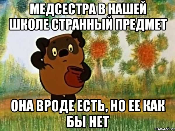 медсестра в нашей школе странный предмет она вроде есть, но ее как бы нет, Мем Винни пух чешет затылок