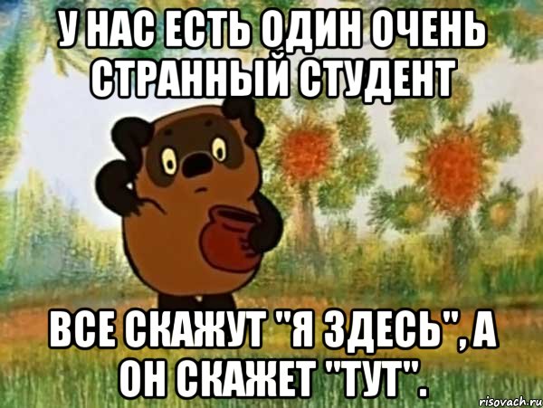 у нас есть один очень странный студент все скажут "я здесь", а он скажет "тут"., Мем Винни пух чешет затылок