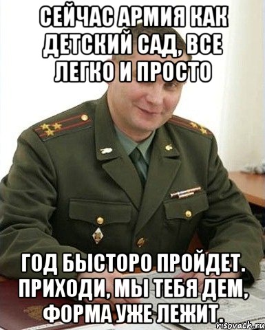 сейчас армия как детский сад, все легко и просто год бысторо пройдет. приходи, мы тебя дем, форма уже лежит., Мем Военком (полковник)