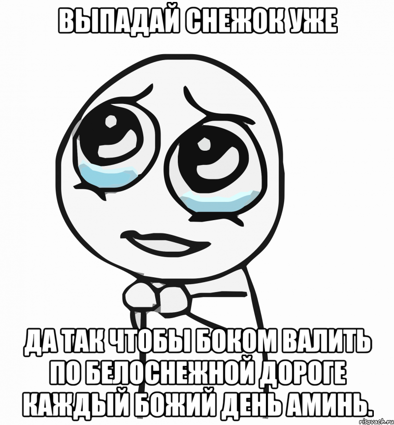 выпадай снежок уже да так чтобы боком валить по белоснежной дороге каждый божий день аминь., Мем  ну пожалуйста (please)