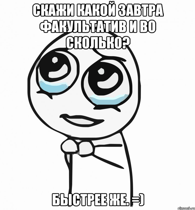 скажи какой завтра факультатив и во сколько? быстрее же. =), Мем  ну пожалуйста (please)