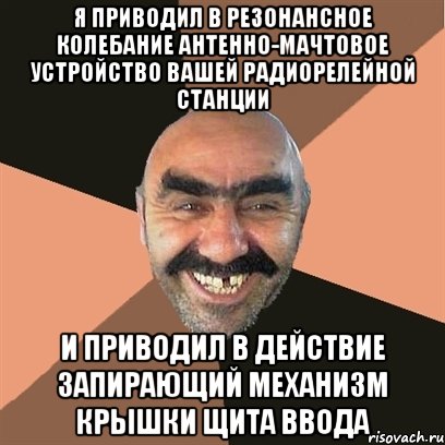 я приводил в резонансное колебание антенно-мачтовое устройство вашей радиорелейной станции и приводил в действие запирающий механизм крышки щита ввода, Мем Я твой дом труба шатал