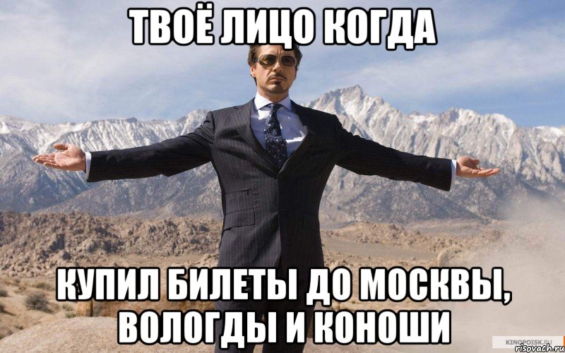 твоё лицо когда купил билеты до москвы, вологды и коноши, Мем железный человек