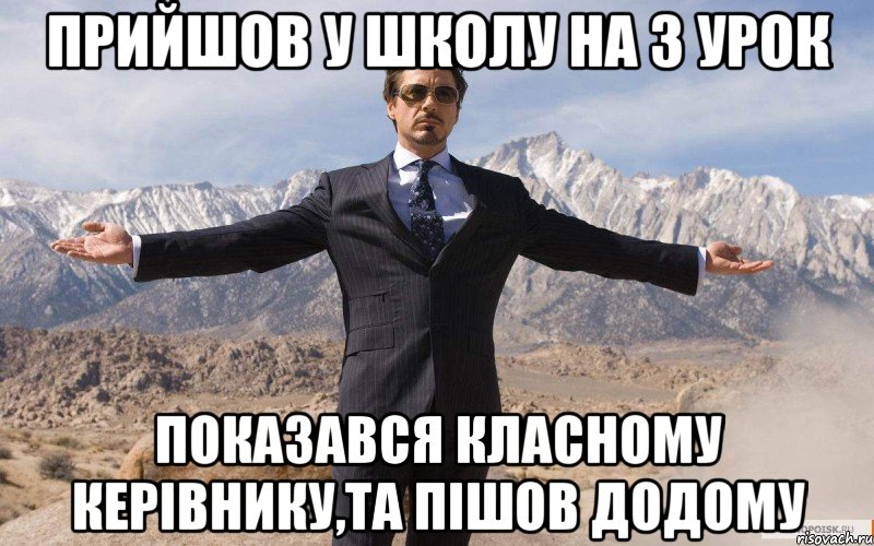 прийшов у школу на 3 урок показався класному керівнику,та пішов додому, Мем железный человек