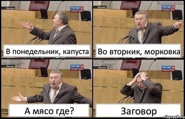 В понедельник, капуста Во вторник, морковка А мясо где? Заговор, Комикс Жирик в шоке хватается за голову