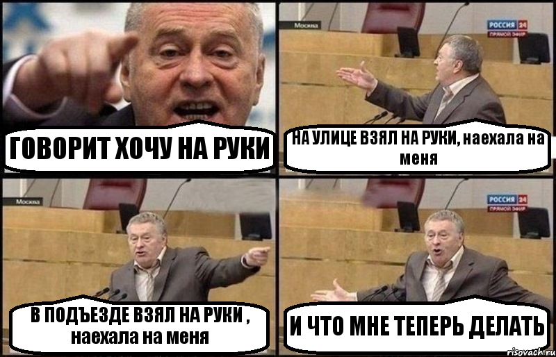 ГОВОРИТ ХОЧУ НА РУКИ НА УЛИЦЕ ВЗЯЛ НА РУКИ, наехала на меня В ПОДЪЕЗДЕ ВЗЯЛ НА РУКИ , наехала на меня И ЧТО МНЕ ТЕПЕРЬ ДЕЛАТЬ, Комикс Жириновский