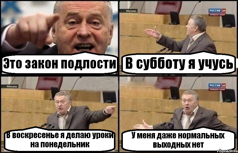 Это закон подлости В субботу я учусь В воскресенье я делаю уроки на понедельник У меня даже нормальных выходных нет, Комикс Жириновский