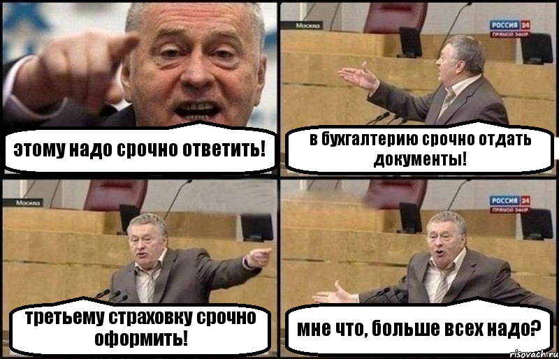 этому надо срочно ответить! в бухгалтерию срочно отдать документы! третьему страховку срочно оформить! мне что, больше всех надо?, Комикс Жириновский