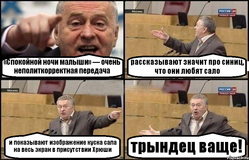 «Спокойной ночи малыши» — очень неполиткорректная передача рассказывают значит про синиц, что они любят сало и показывают изображение куска сала на весь экран в присутствии Хрюши трындец ваще!, Комикс Жириновский